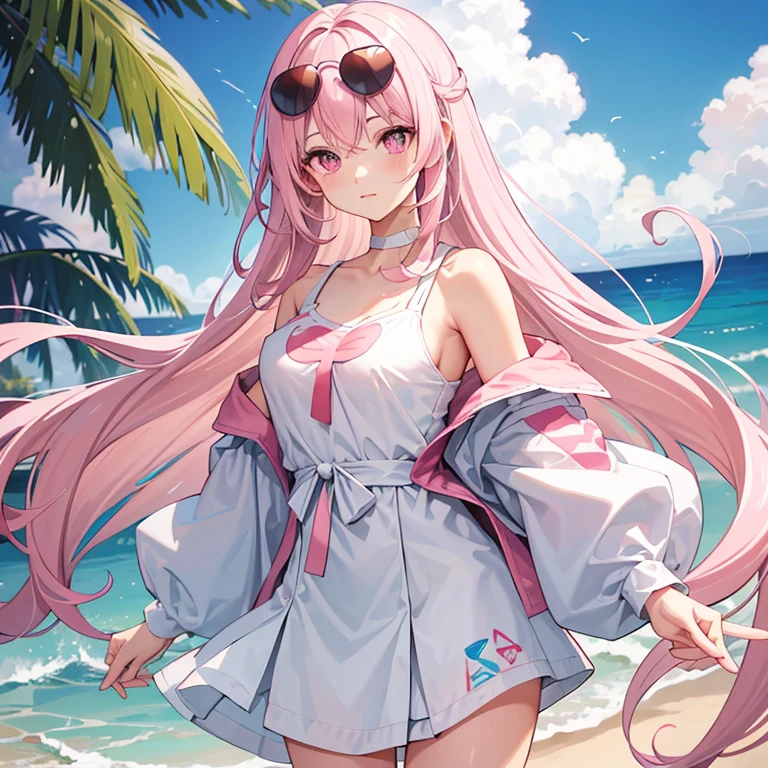 light pink curls,white long hair,pink eyes,girl,hair scattered behind him,The head has a ball head,diagonal hair curtains,He has very cute sunglasses on his head.,white off shoulder sports short sleeves、shortage sports shorts,pink off shoulder coat,anime illustration,The color of the photo will change from blue to pink.,summer,beach side,