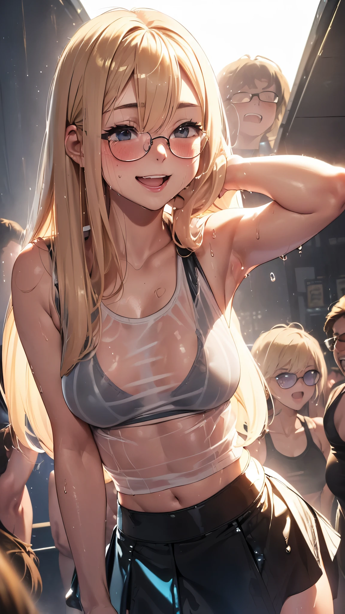 1 female,golden hair,25 years old,(((Blue shiny micro tight skirt)))((white tank top))(((blush cheeks、open mouth smile)),(((straight hair))),(((Portrait))),crowd,,(wet with sweat)(Sexy black bra with see-through tank top)(glasses)(((small breasts)))
