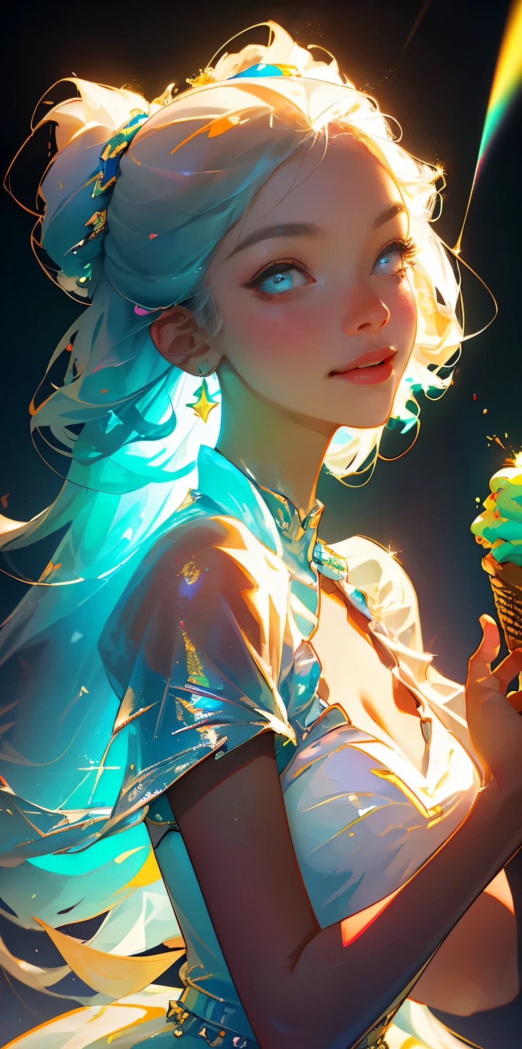 (Best quality, masterpiece), super high resolution, fluorescent color,
1 girl, looking at the audience, beautiful face, smiling eyes, upper body, shiny hair, shiny skin, glowing and eating multicolored glowing ice cream, white starlight dress, particles