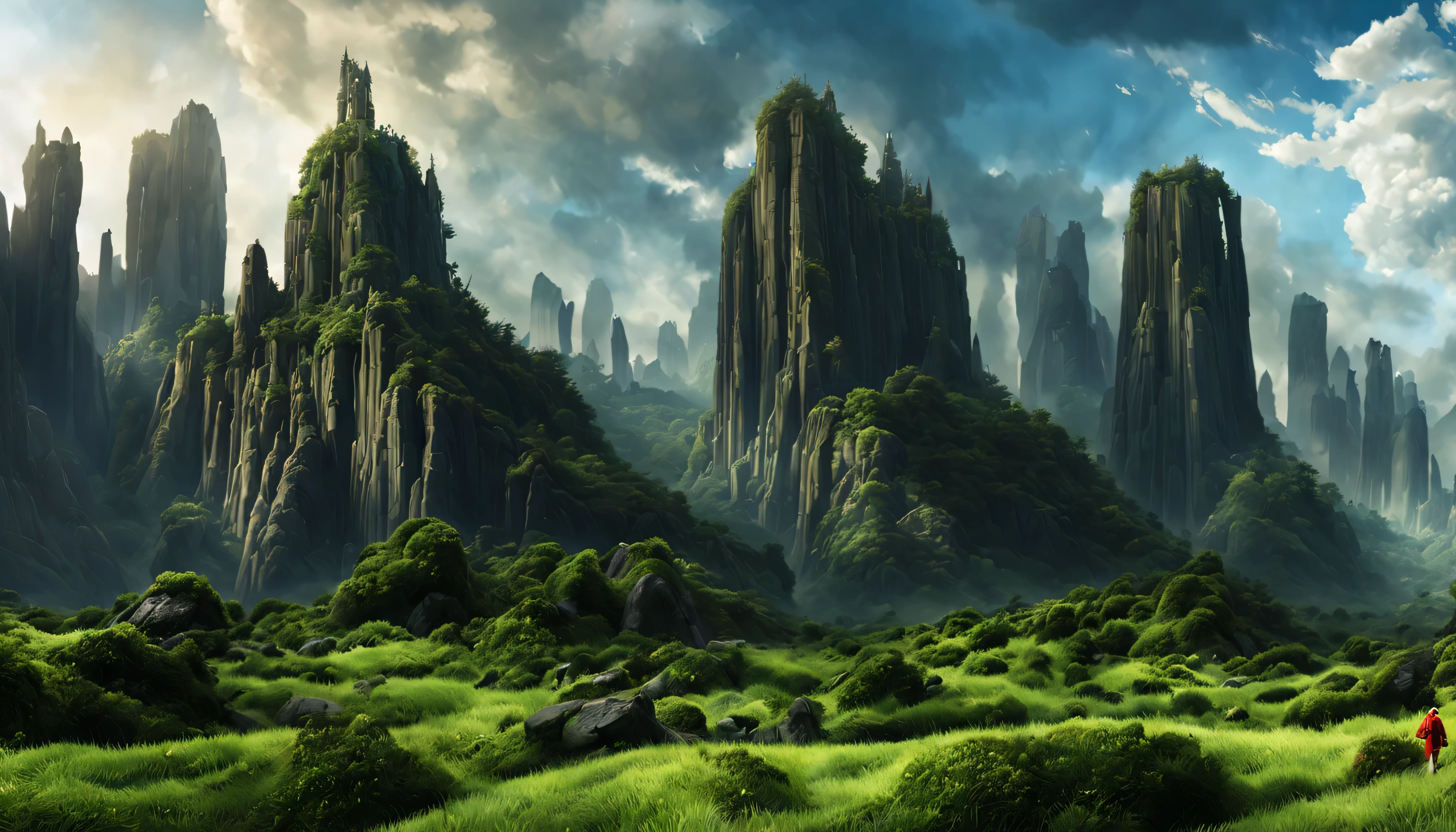 Create a digital matte painting of a giant rock forest set against the backdrop of a sci-fi movie scene，In a clearing in the heart of a dense forest，Ancient stone temple embedded in tall rocks, A vast forest of huge trees and plants,In the sky of this illustration, A male astronaut wearing a white uniform walks on a stone road near the ground, In front of the huge staircase in the temple, Detailed and realistic close-ups of astronauts，and a red bud on the green grass，There is a path next to it that leads to a large green forest next to it..，Scene background with 3D clouds white located on blue sky background, Surreal illustrations in matte paintings based on the cinematography of artist Albert Whitlock&#39;s matte painting art