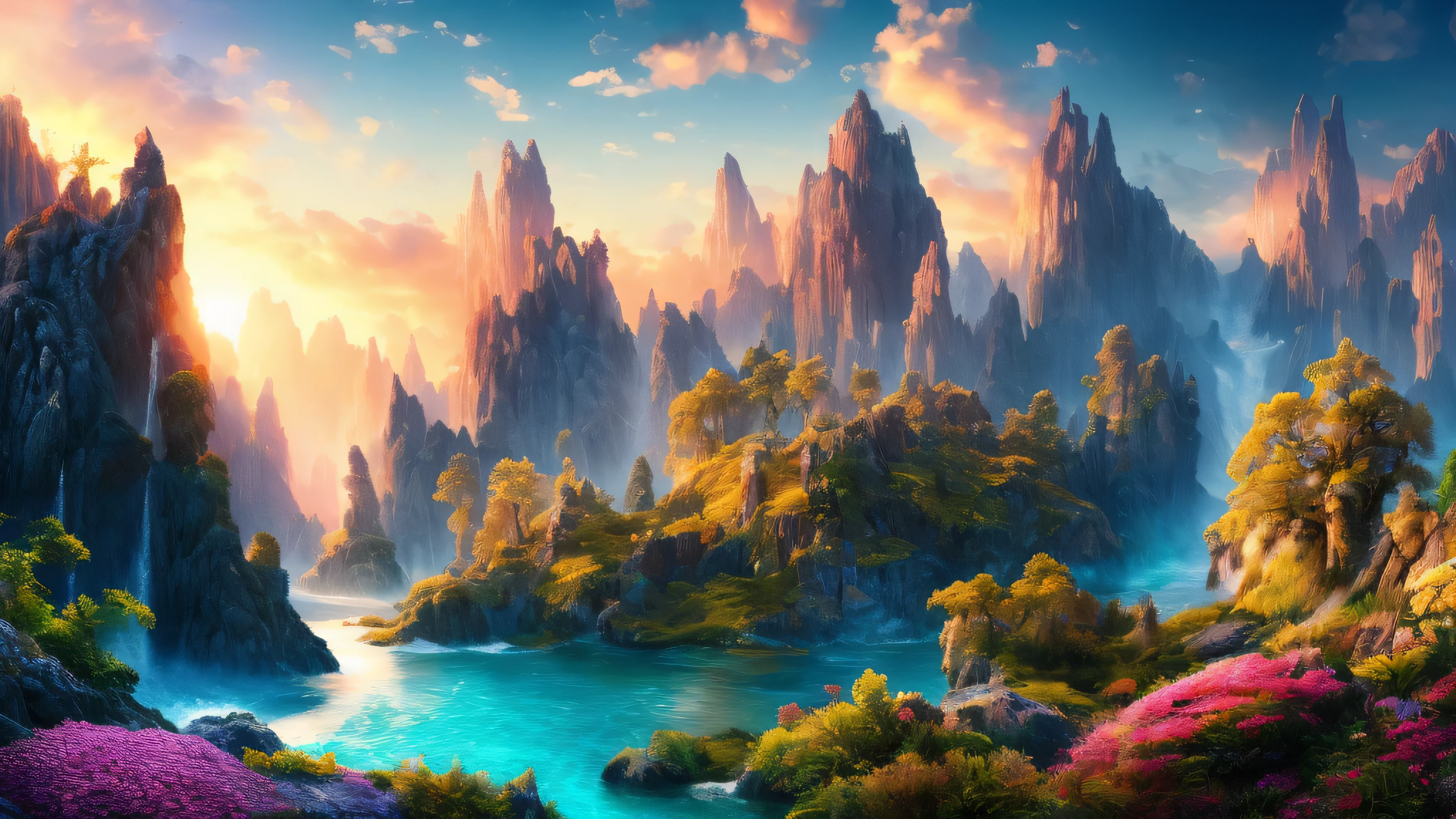 masterpiece, best quality, high quality, Extremely detailed CG unified 8k wallpaper, landscape, outdoor, Sky, cloud, Sky, no humans, Mountain, landscape, water, Tree, blue Sky, waterfall, cliff, nature, lake, river , 多cloud的Sky, Award-winning photography, Bokeh, depth of field, human development report, bloom, Color difference, Photorealism, Very detailed, Popular topics on ArtStation, cgsocial trends, complex, high detail, dramatic, halfway art