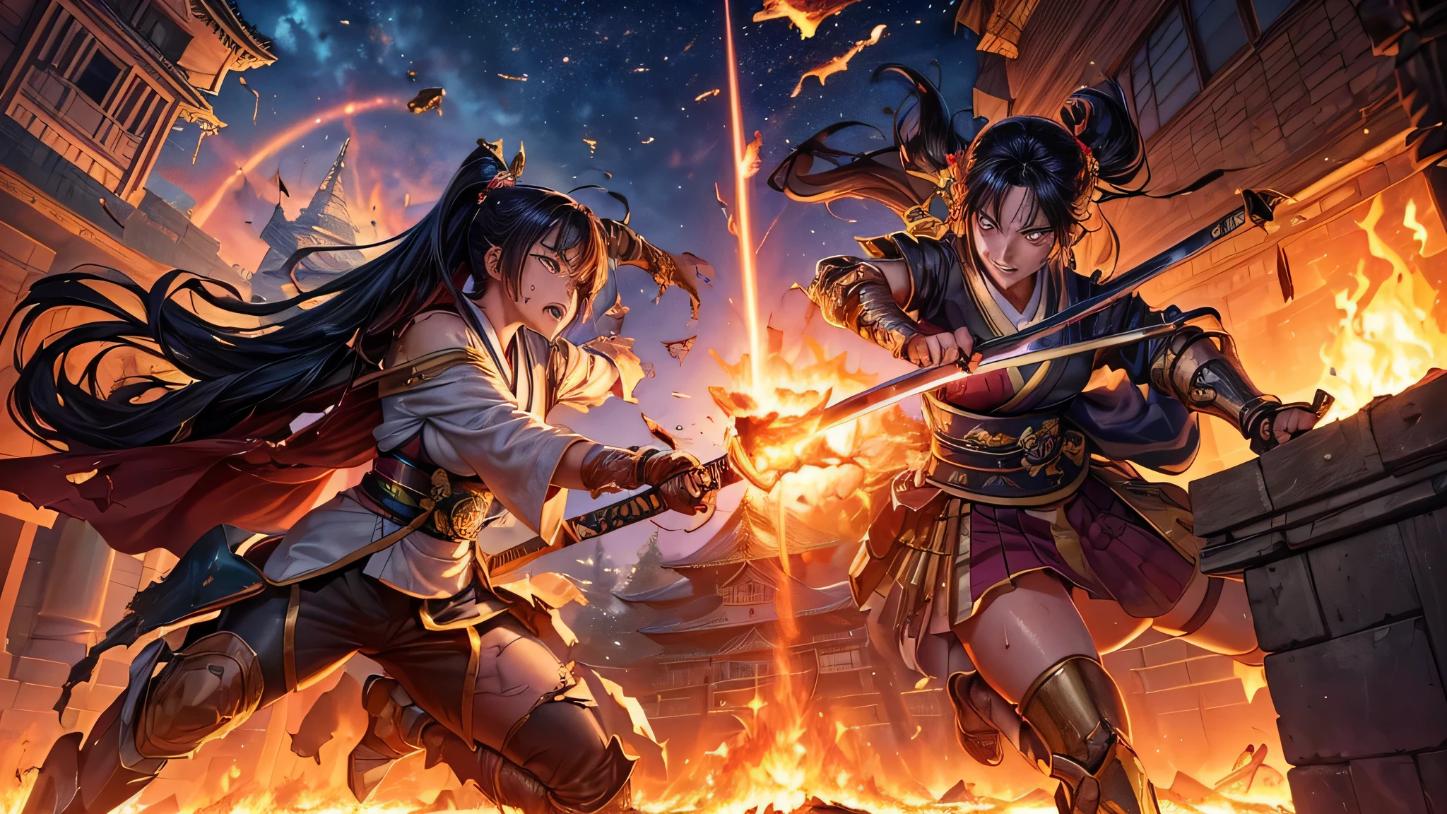 masterpiece,8k,highest quality,super detailed,ultra high resolution,(1 female kunoichi and 1 fairy),(wield a shining sword),(Equip Japanese armor),(rage:0.6),(full body shot:1.2),close your mouth,black hair,very long hair,brown eyes,straight hair,(fire:1.1),(burning edge:1.2),(sunrise),(((japanese castle))),(((courtyard))),(sparkling night view),(cosmic vortex:1.0),(((heroic pose))),(lip whole:1.2),(radiant flare:1.2),(((burning edge:1.3))),(((war))),(((assault:1.3))),(((run:1.2))),(((damaged:1.5))),(((Blood drips from the mouth:1.0))),(((heavy bleeding:1.2))),(((Sweat:1.2))),(((grit your teeth:1.2))),(((damaged)))