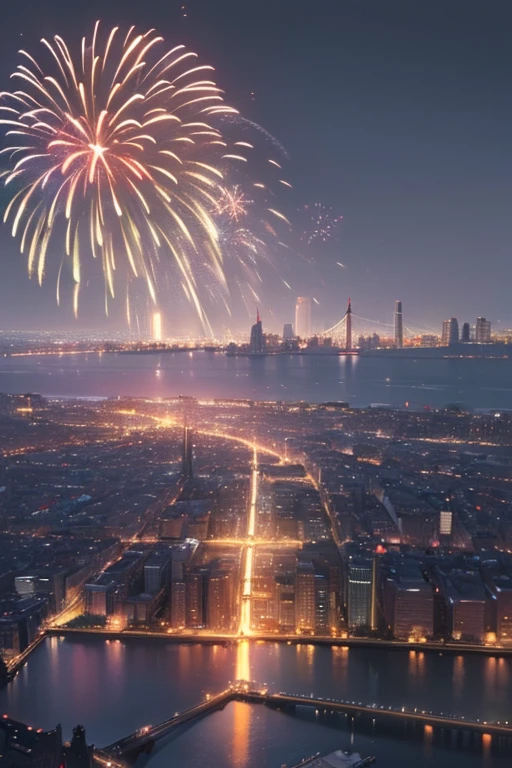 Best quality, masterpiece, ultra high res, (photorealistic:1.4), raw photo, ((city, skyline, fireworks, nighttime)),