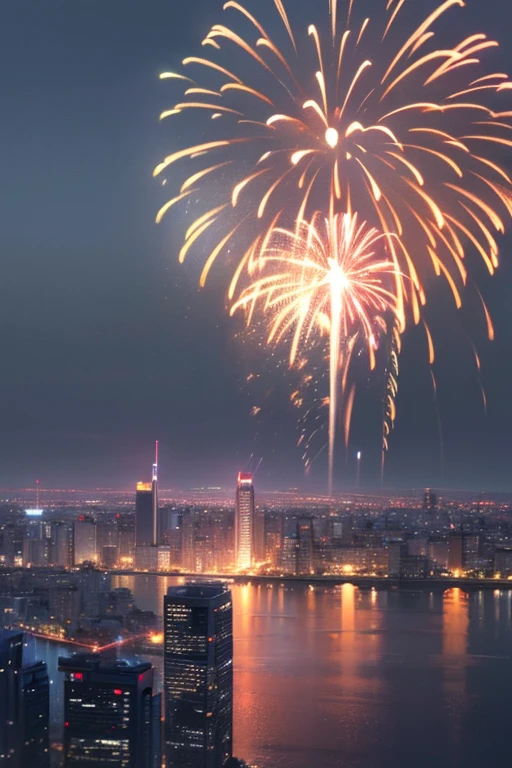 Best quality, masterpiece, ultra high res, (photorealistic:1.4), raw photo, ((city, skyline, fireworks, nighttime)),