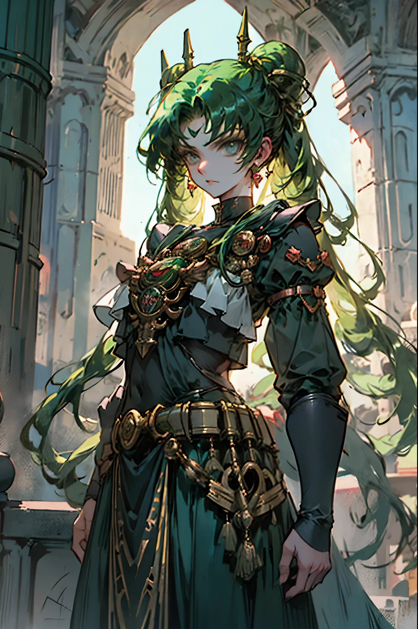 Black Kakalot Female, Green Hair, Look at Viewer, ancient tower