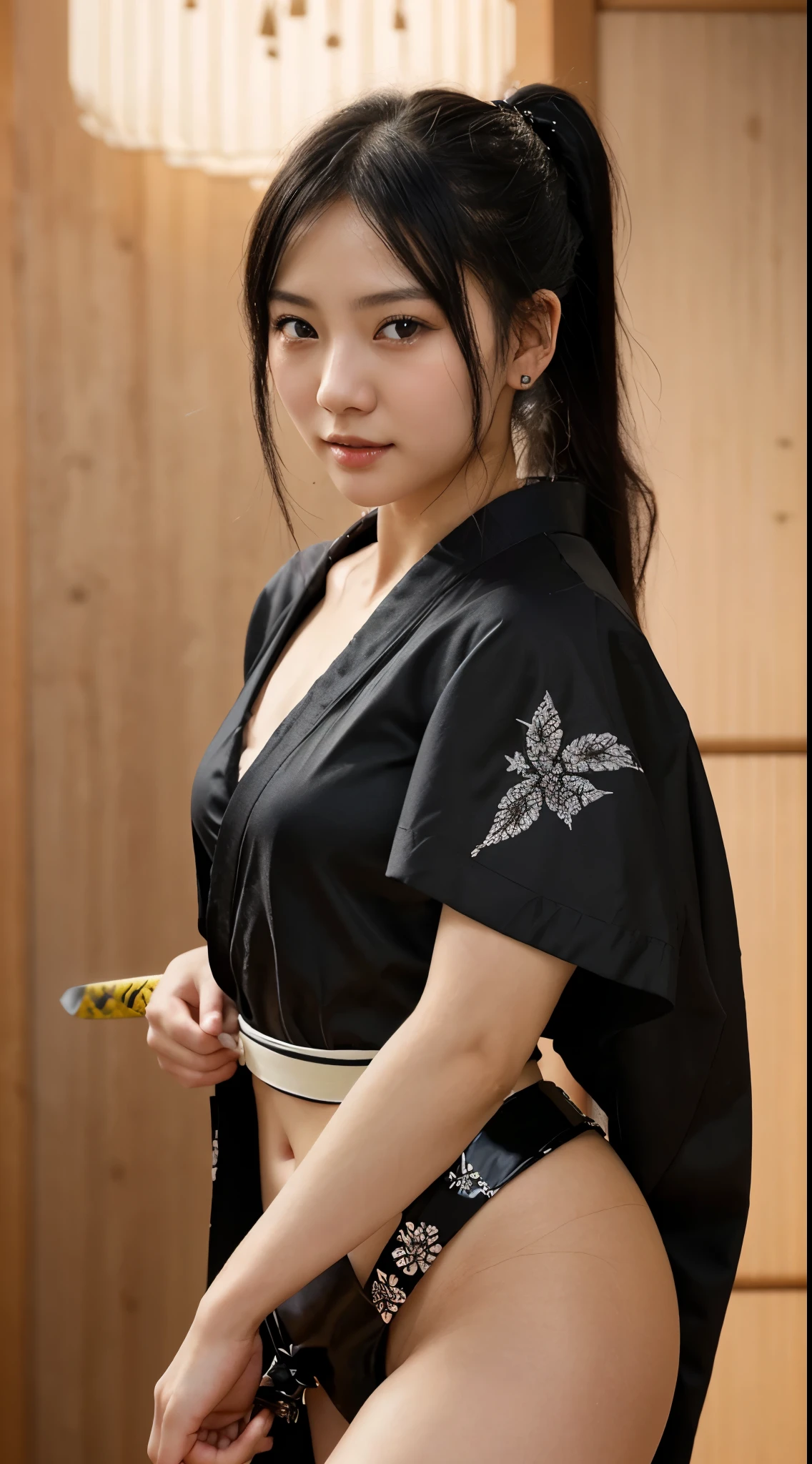 最high quality、high quality、best image quality、8K、最High resolution、High resolution、最high quality、masterpiece、Raw photo、realistic atmosphere、(detailed face)、(fine hands、thumb1reference4)、(beauty of japan )、very nice face、cute face、((beautiful japanese girl))、(japanese woman), ((18 year old beautiful girl))、(glossy black hair)、(straight long hair)、(ponytail)、whole body、slim style、(shiny skin)、(Fair skin, Glossy skin)、real human skin、realistic human body structure、perfect body, perfect face, perfect hands, perfect finger, perfect lips, perfect eyes,perfect teeth、perfect background, perfect atmosphere, natural soft light、photon mapping、Tolerate者、Kunoichi、shadow assassin、((Japanese swordを持つTolerate者girl))、(Tolerate者衣装を着た女の子)、Tolerate、Japanese sword、kunai、Shuriken、japanese traditional、(Kunoichiの着物を着る)、Tolerate者に憧れた女性、((girl with a sharp dagger))、((Black Metallic(short kimono、fundoshi))、Tolerate者として培った戦闘技術を反映した動き、battle pose