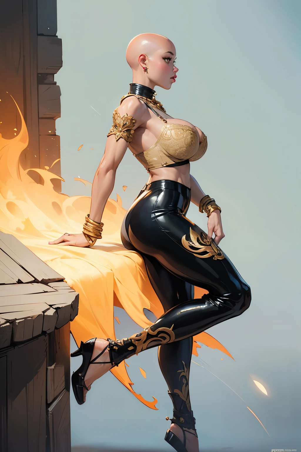 8k ((full body view)) (large eyes:1.3), (puffy lips:1.4), defined cheekbones, ((legs spread:1.1)), looking back, ((the pit style:1.4))((bra1.6)), tight pants, sash, ((intricate details:1.4))detailed face:1.5), light skin,(puffy lips:1.5) (light skin:1.6), (bald woman:1.7), (skinhead) ((sexy pose)),(Muscular:1.3), ((gigantic breasts:1.5)), )highly detailed, ((side view:1.6)), majestic, digital photography, art by artgerm and ruan jia and greg rutkowski, ((jewelry around leg:1.4)), (masterpiece), sidelighting, intricate detaillack and gold color palette)))