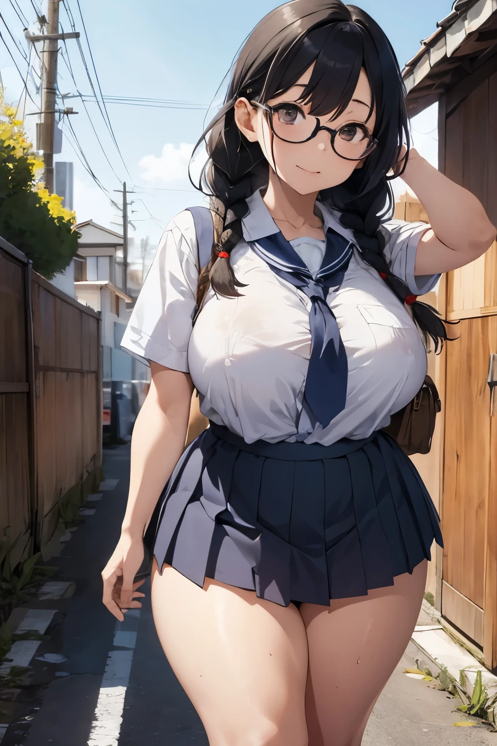 plump thighs, round glasses, big boobs, two braids, Covered in semen, sexual illustrations, japanese woman, pubic hair, school uniform