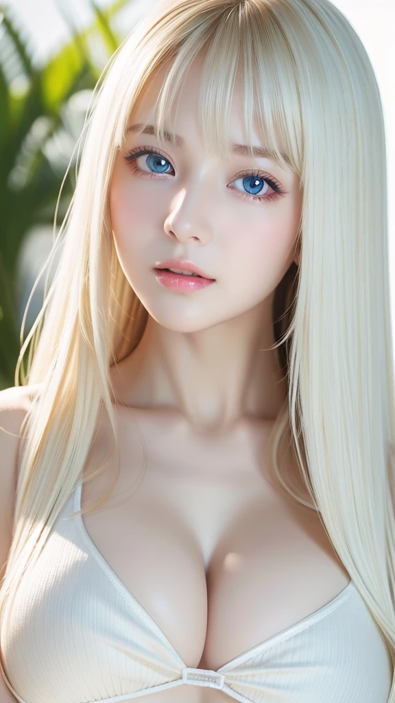 highest quality、masterpiece、ultra high resolution、(photorealistic:1.4)、1 girl、up to the shoulders、Charm、look at the camera、Bite、White blonde、bangs between the eyes、Super Long Straight Silky Hair、huge boobs、Healthy skin、delicate skin、Glowing bright pale sky blue big eyes、White shiny skin