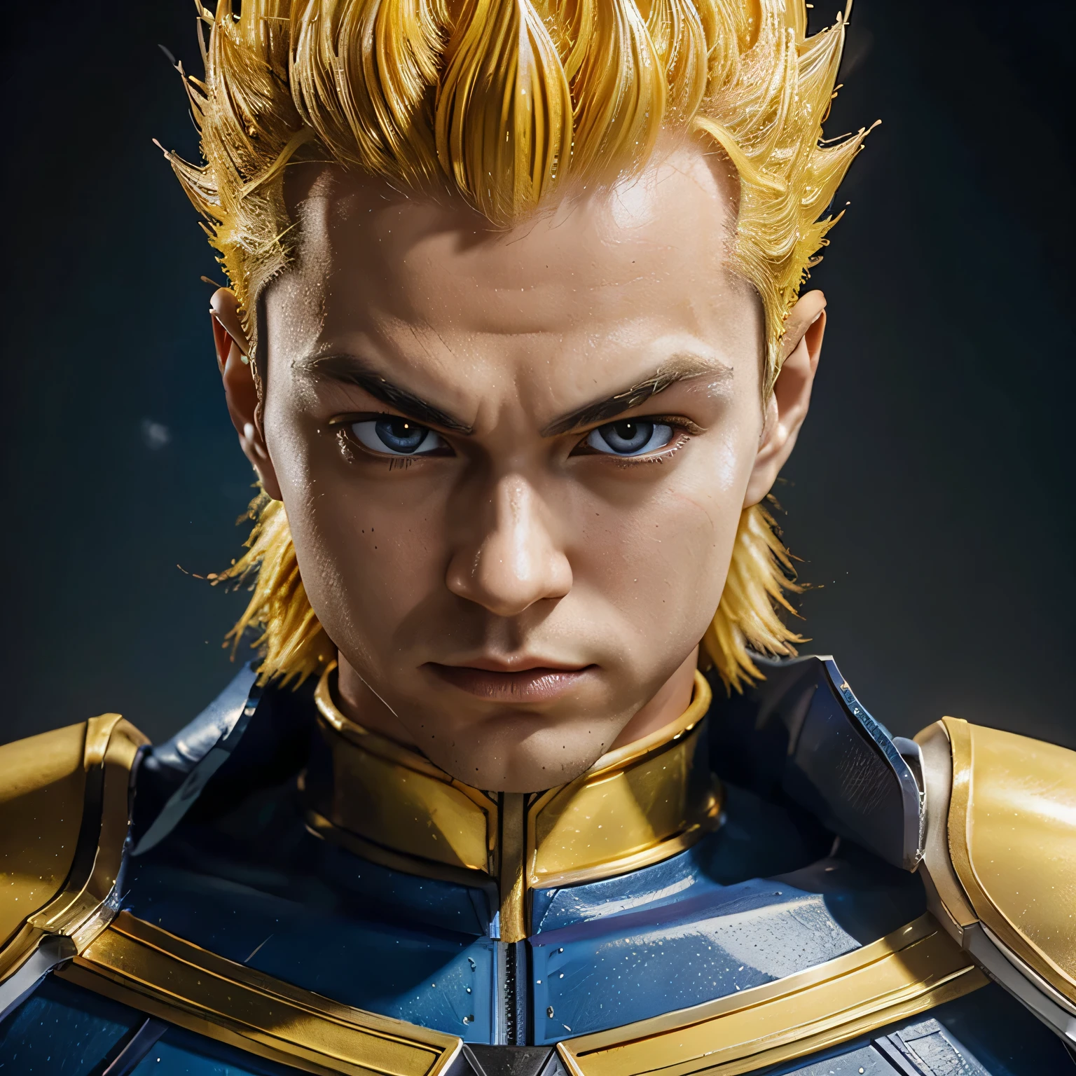 Prince Vegeta (man, golden yellow hair, wearing blue-silver armor).
framing:(eye-level angle, upper-body, frontal).
heaven backdrop, studio lighting.