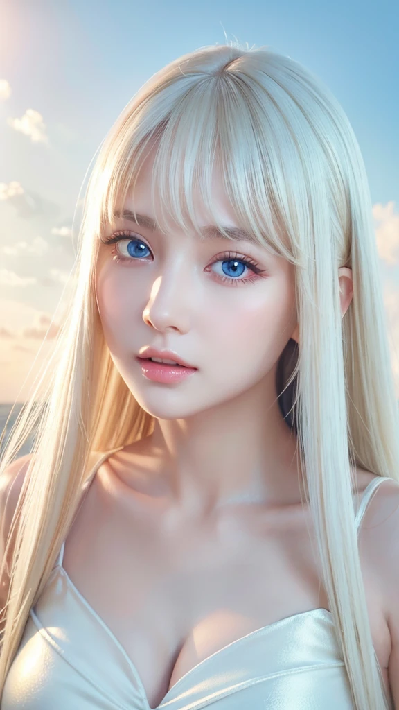 highest quality、masterpiece、ultra high resolution、(photorealistic:1.4)、1 girl、up to the shoulders、Charm、look at the camera、Bite、White blonde、bangs between the eyes、Super Long Straight Silky Hair、huge boobs、Healthy skin、delicate skin、Glowing bright pale sky blue big eyes、White shiny skin、cheek gloss highlight、