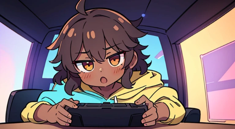 boy with curly hair and dark skin playing video game