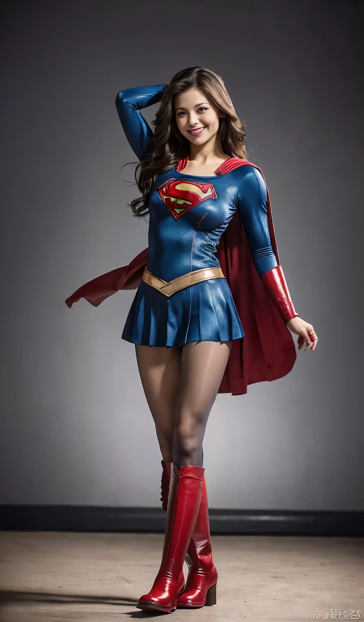 no background、no background、Fitted Supergirl costume、Hairstyle is short、Body Fit Costumes、draw the whole body、(((Wear black tights on your beautiful legs.)))、(((stretch your legs、tall、Legally express the beauty of your smile)))、((((Make the most of the original image)))、(((Supergirl Costume)))、(((beautiful hair)))、(((Suffering)))、(((Feet must necessarily be worn with black tights)))、(((You need to wear red boots)))、((Highest image quality、8K))、((highest quality、8K、masterpiece:1.3))、(((Keep Background )))、clear focus:1.2、beautiful woman with perfect figure:1.4、slender abs:1.2、wet body:1.5、Highly detailed face and skin texture、8K