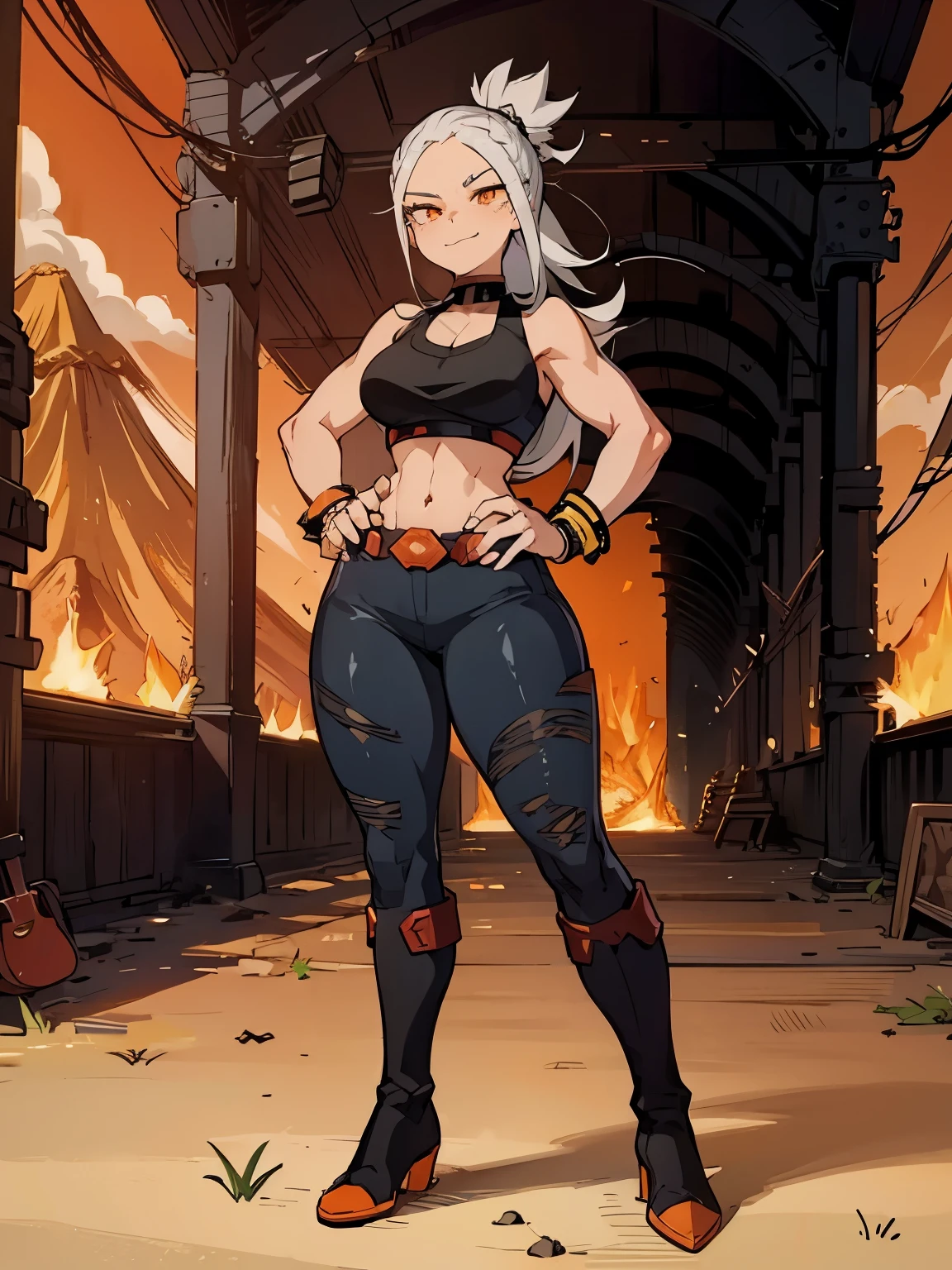 (((My Hero Academia Style))), 1girl, (((Fang))), (((Goodbye Volcano High))), Female, Young female, Light-skinned Female, ((((orange eyes)))), Mischievous look, smug smile, white hair, long hair, straight hair, high ponytail, black spiked bun, black bun, spiked bun, medium breast, wide hips, round hips, wide thighs, Black tank top, High-rise straight jeans, Black knee boots, knee boots, black boots, black spiked bracelets, black bracelets, spiked bracelets, bracelets, standing, standing pose, looking at viewer, Perfect anatomy, super detailed, perfect hands, (Perfect Body:1.5), (Full Body Photo:1.5), school hallway in background,