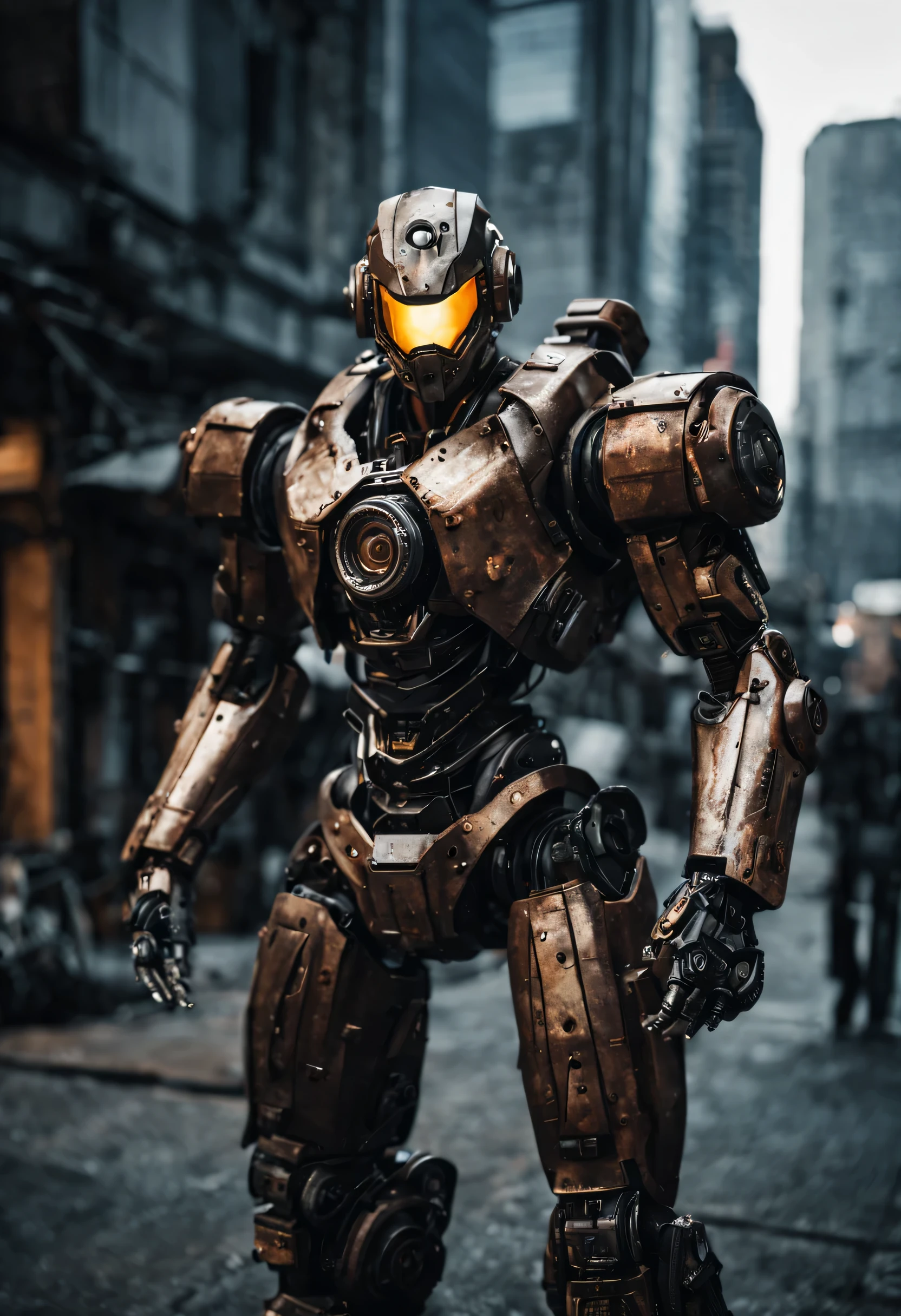 Dark_fantasy，cyber punk perssonage，（Pacific Rim，Metallic Color：1.1），1人，Mechanical Wonder，Robotic presence，Wearing a shabby mechanical suit，复杂，（Steel metal[rusted]），ellegance，Clear focus，Photographed by Greg Rutkowski，gentlesoftlighting，vivd colour，tmasterpiece，（（the street）），cowboy lens，dynamicposes，large scene，viewed from bird's-eye