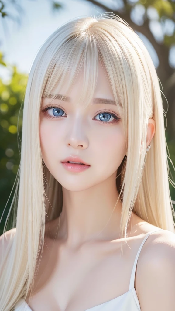 highest quality、masterpiece、ultra high resolution、(photorealistic:1.4)、1 girl、up to the shoulders、Charm、look at the camera、Bite、White blonde、bangs between the eyes、Super Long Straight Silky Hair、huge boobs、Healthy skin、delicate skin、Glowing bright pale sky blue big eyes、White shiny skin、cheek gloss highlight、