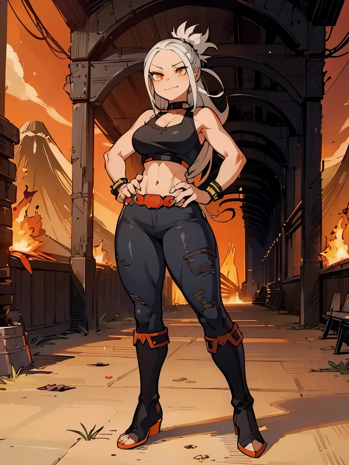 (((My Hero Academia Style))), 1girl, (((Fang))), (((Goodbye Volcano High))), Female, Young female, Light-skinned Female, ((((orange eyes)))), Mischievous look, smug smile, white hair, long hair, straight hair, high ponytail, black spiked bun, black bun, spiked bun, medium breast, wide hips, round hips, wide thighs, Black tank top, High-rise straight jeans, Black knee boots, knee boots, black boots, black spiked bracelets, black bracelets, spiked bracelets, bracelets, standing, standing pose, looking at viewer, Perfect anatomy, super detailed, perfect hands, (Perfect Body:1.5), (Full Body Photo:1.5), school hallway in background,