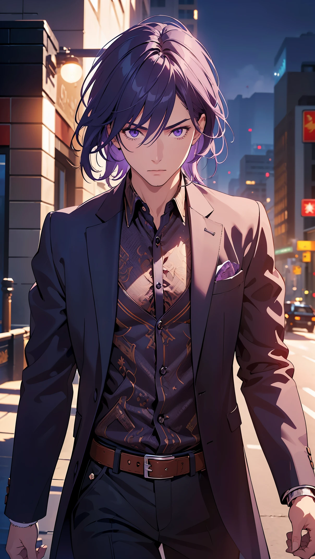 Man1, Male1, purple hair, purple eyes, classic black suit,Bumptious,(Highly detailed CG,module,8K wallpapers)،(Highest quality, high resolution, beautiful lighting, realistic shadow, high resolution)،(Detailed skin, highly detailed, detailed faces and eyes, realistic eyes, cowboy shot)