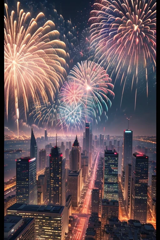 Best quality, masterpiece, ultra high res, (photorealistic:1.4), raw photo, ((skyline, vibrant colors, fireworks, nighttime)),