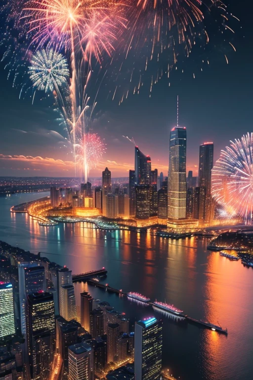 Best quality, masterpiece, ultra high res, (photorealistic:1.4), raw photo, ((skyline, vibrant colors, fireworks, nighttime)),