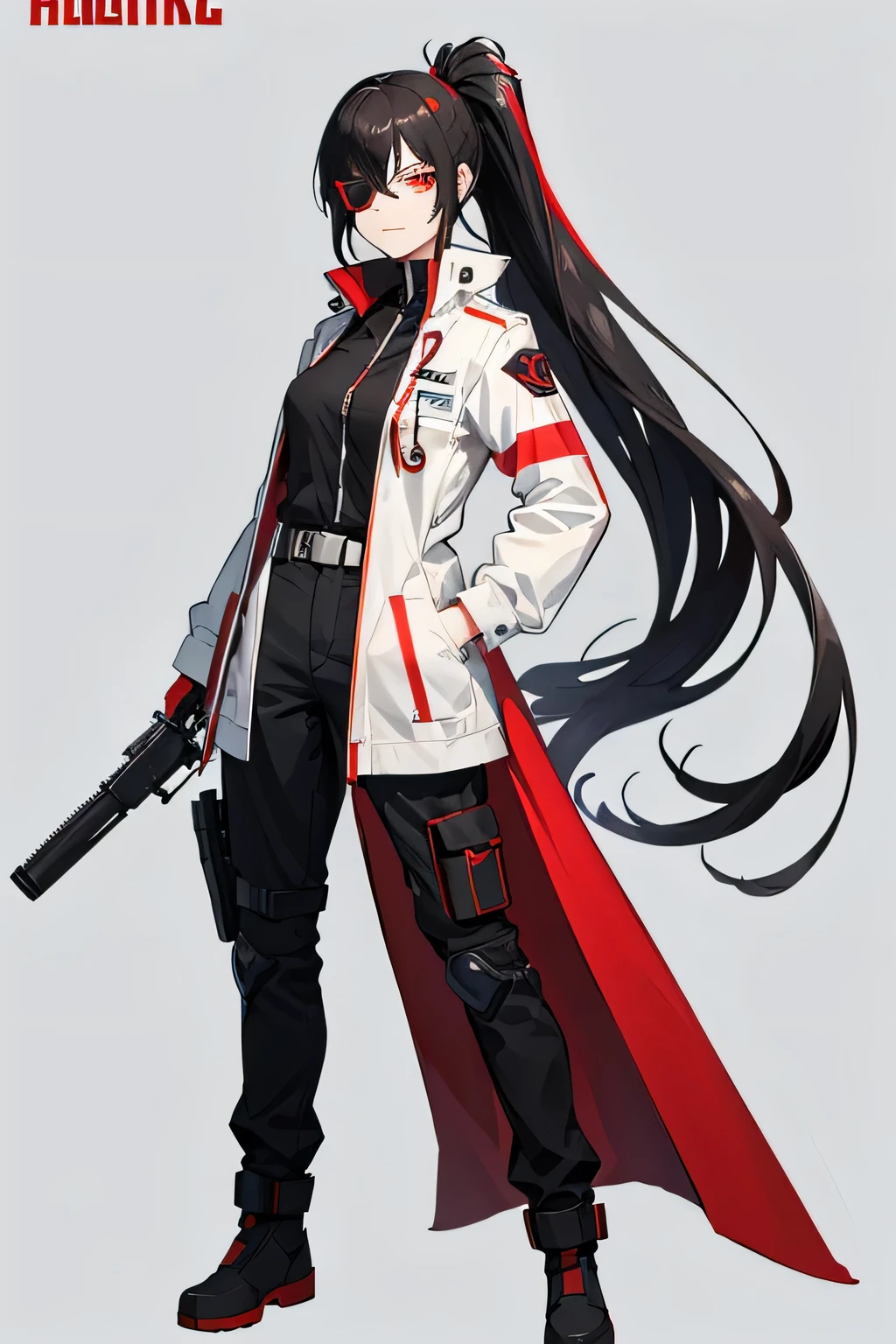 sci fi medic jacket, black hair, long ponytail red hair, red eyes, smirk, confident pose, full body, her right eye using eye patch with medic logo, holding a medic gun