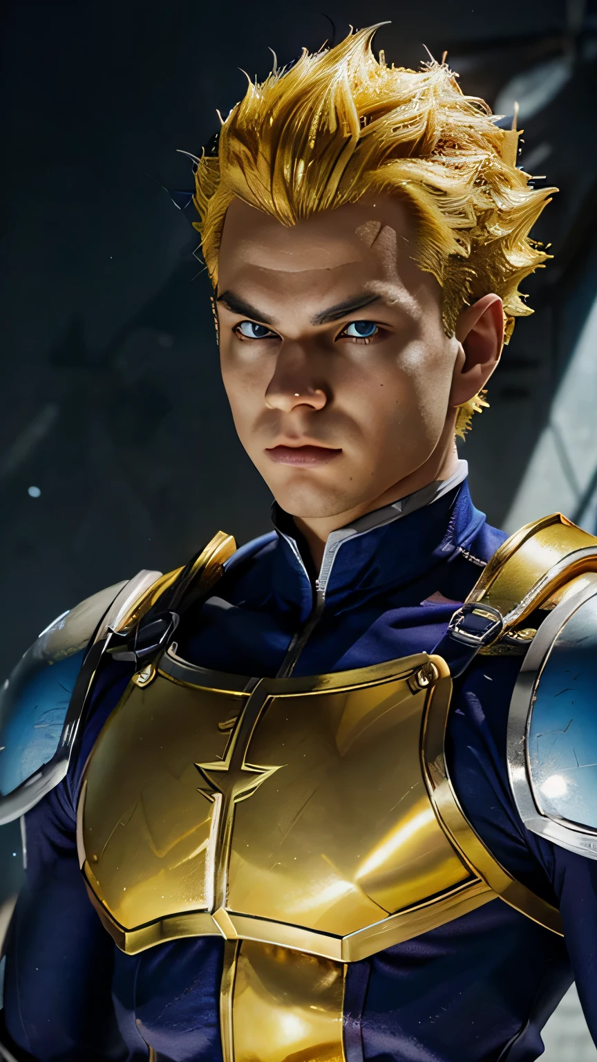Prince Vegeta (man, golden yellow hair, wearing blue-silver armor). framing:(eye-level angle, upper-body, left-profile). heaven backdrop, studio lighting.