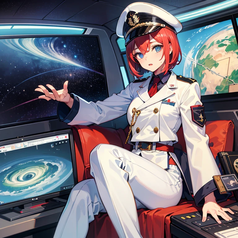 (((masterpiece、Highest image quality、highest quality、highly detailed unity 8kwallpaper)))、(Illustration of one woman)、30 years old、(Viceroy)、((Red-haired shorthair))、(Thin hair hanging down both sides of the face)、blue eyes、((tall))、((Muscle Woman、stocky build、muscular legs、broad shoulders、solid chest))、((Military uniforms))、((Military Cap))、((Military coat))、(white clothes)、(White pants)、(white hat)、trench coat、、(((manspreading、Sitting in the captain's seat)))、(((Inside a futuristic spaceship、Surrounded by instruments and monitors、The Universe on the Monitor、Earth seen from space)))