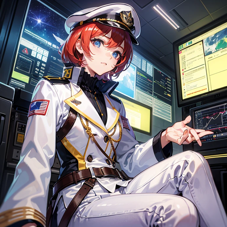 （（（masterpiece、Highest image quality、highest quality、highly detailed unity 8ｋwallpaper）））、（Illustration of one woman）、30 years old、（Viceroy）、（（Red-haired shorthair））、（Thin hair hanging down both sides of the face）、blue eyes、（（tall））、（（Muscle Woman、stocky build、muscular legs、broad shoulders、solid chest））、（（Military uniforms））、（（Military Cap））、（（Military coat））、（white clothes）、（White pants）、（white hat）、trench coat、、（（（manspreading、Sitting in the captain's seat）））、（（（Inside a futuristic spaceship、Surrounded by instruments and monitors、The Universe on the Monitor、Earth seen from space）））