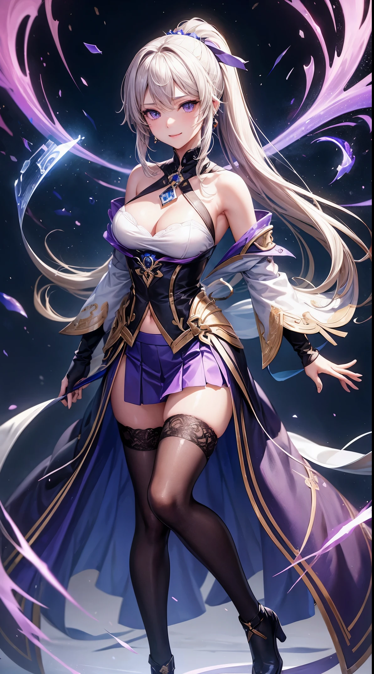 ((highest quality、8K、masterpiece:1.3))、Extraordinary Beauty、Ultimate Beauty、revealing underwear:1.2、Super Detail Face、delicate eyes、smile、erotic expression、sexy look、Sexy look、looking at the camera、((((sexually seducing))))、((((shyly seduce))))、((blonde))、beautiful girl、Large beautiful breasts、cleavage、slim、slender、1 girl, kimono, ponytail ,gray hair, purple eyes, magic circle, blue fire, blue flame, wallpaper, landscape, Depth of the bounds written, night, light particles, light, side light, thighs, destiny \(of the series\), genshin impact, ****, open jacket, skirt, Thighhighs, cloud