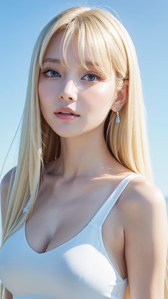 highest quality、masterpiece、ultra high resolution、(photorealistic:1.4)、1 girl、up to the shoulders、Charm、look at the camera、Bite、White blonde、bangs between the eyes、Super Long Straight Silky Hair、huge boobs、Healthy skin、delicate skin、Glowing bright pale sky blue big eyes、White shiny skin、cheek gloss highlight、
