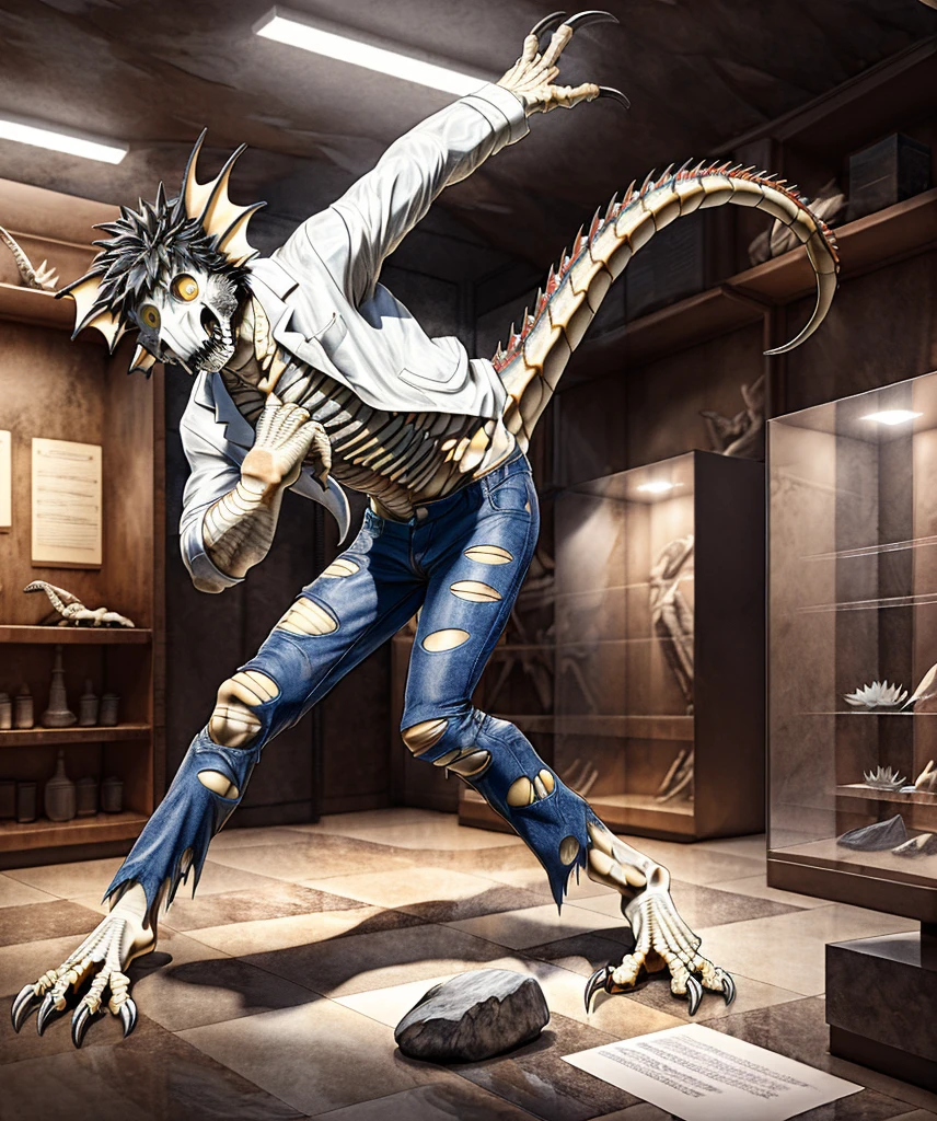 best quality, ultra high resoultion, masterpiece, extremely detailed raw photograph, inside fantasy paleontology museum at night, standing on empty exhibit plinth, half transformation, college girl skeletal dragon hybridization metamorphosis, torn jeans and jacket,