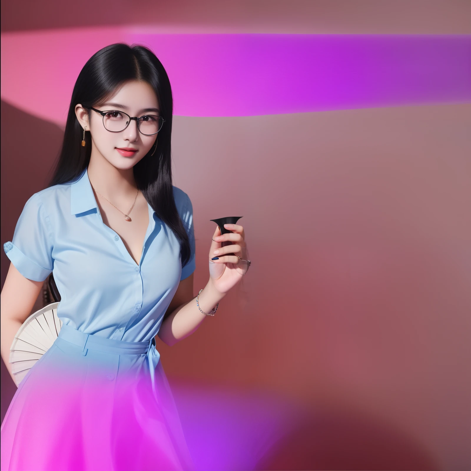 (A young woman around 20 years old holds an upright round fan in her hand:1.6),(Open chest light blue shirt:1.3),Sapphire prismatic earrings,star gem necklace,(Wearing black-framed glasses:1.5),fabric neck ring,light blue clothing,Smiling and looking at the camera,(8k, RAW photo, photorealistic:1.25) ,( lip gloss, eyelash, glossy surface, shiny skin, best quality, ultra high resolution, depth of field, Color difference, Caustics, wide light, natural shadow, Kpop idol)
