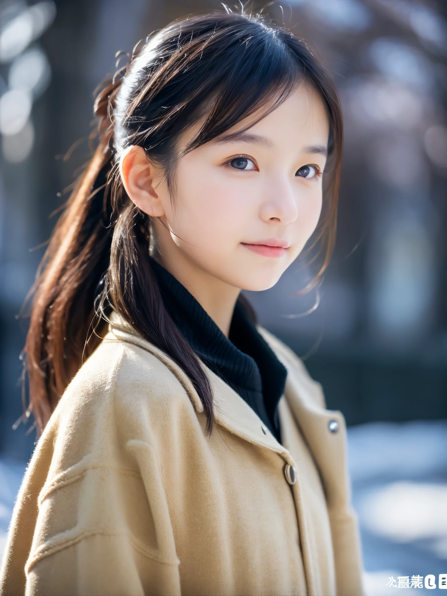 photorealistic, 8k full-length portraits, Beautiful woman, A charming expression, ponytail, Clear system, , Tokyo, winter, Shibuya in the background