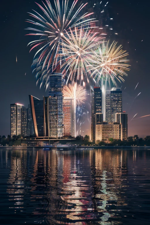 Best quality, masterpiece, ultra high res, (photorealistic:1.4), raw photo, ((vibrant colors, fireworks, nighttime)),