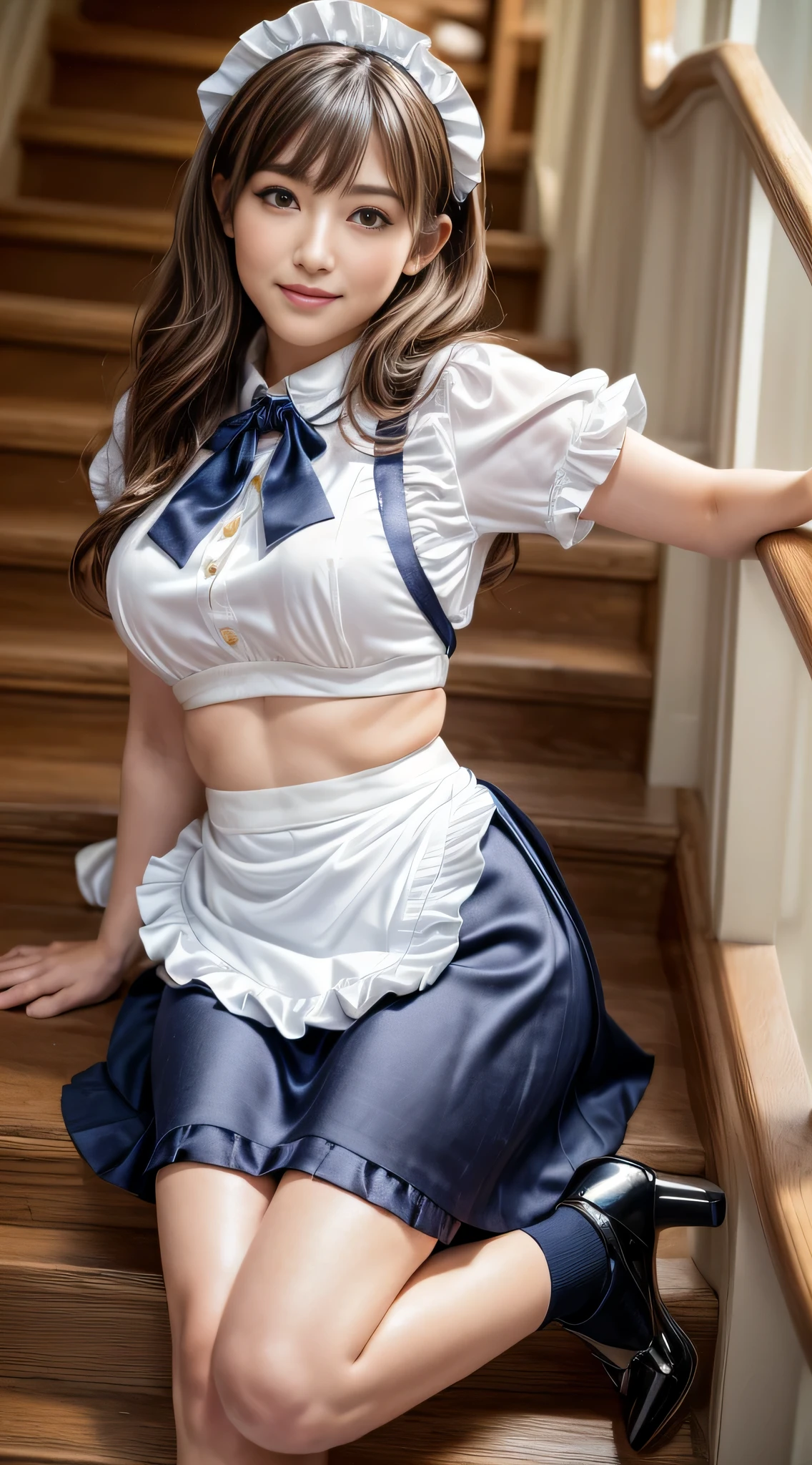 ((muste piece, best quality, High resolution, ticker, perfect pixel, In 4K, ticker, ticker))), 1 girl, Single shot, solo, beautiful woman、I can see the whole body, ((middle wave hair, bangs, brown hair)), ((brown eyes, Beautiful eyelashes, realistic eyes)), ((detailed face, red face:1.2)), ((Smooth texture:0.75, realistic texture:0.65, It's photorealistic:1.1, Anime CG style)), big breasts, dynamic angle, perfect body, ((English Made, white frilled maid headband, ruffle blouse, ribbon tie, apron, navy blue mini skirt, silk socks, high heels)), City staircase, Angle looking up from the bottom of the stairs, I feel very embarrassed, Panic Smile, turn around, slouch, ((The wind flipped my skirt and exposed my butt...................., retrospective perspective, Touching the buttocks with both hands, Silk lace panties, shiny thighs)),