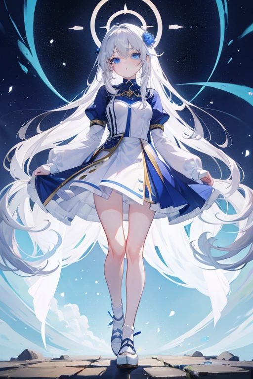 anime girl, long silver hair, beautiful blue eyes, in a beautiful white long sleeved dress, standing , full body , good anatomy, looking at viewer, neutral expression 8k, high resolution