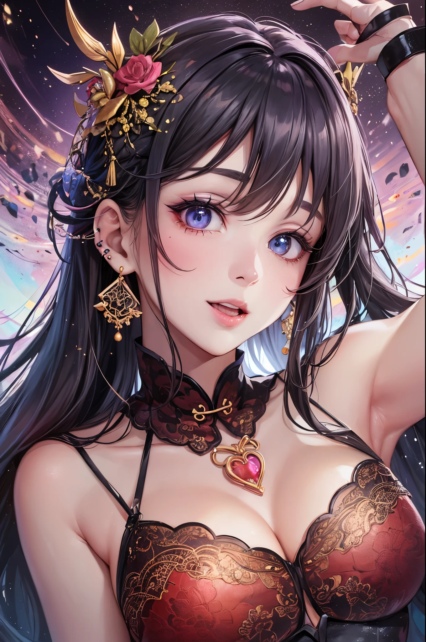 A woman wearing a red and gold Chinese dress，Phoenix crown，a chinese wedding，（tmasterpiece，top Quority，best qualtiy，offcial art，Beauty and aesthetics：1.2），（1girll：1.3），The is very detailed，（s fractal art：1.1），Most detailed，（ zentangle:1.2), full bodyesbian, (abstract backgrounds:1.3), (Shiny skin), (many color:1.4), happy smile,(Earringeater:1.5), sexy pose, naked upper body, dynamic, in bed, lingerie  --auto --s2