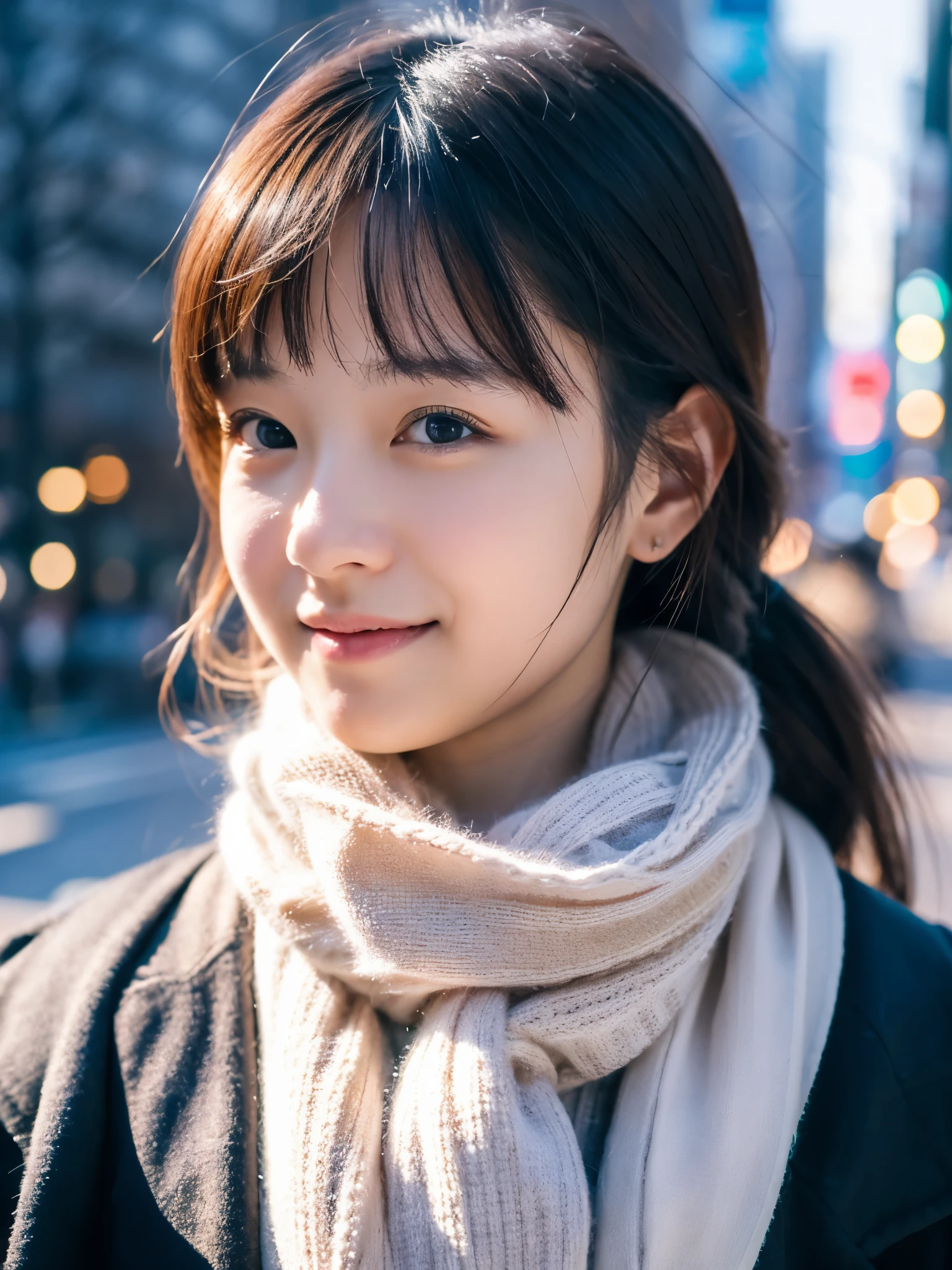 photorealistic, 8k full-length portraits, Beautiful woman, A charming expression, Clear system, 18-year-old, Tokyo, winter, Shibuya in the background