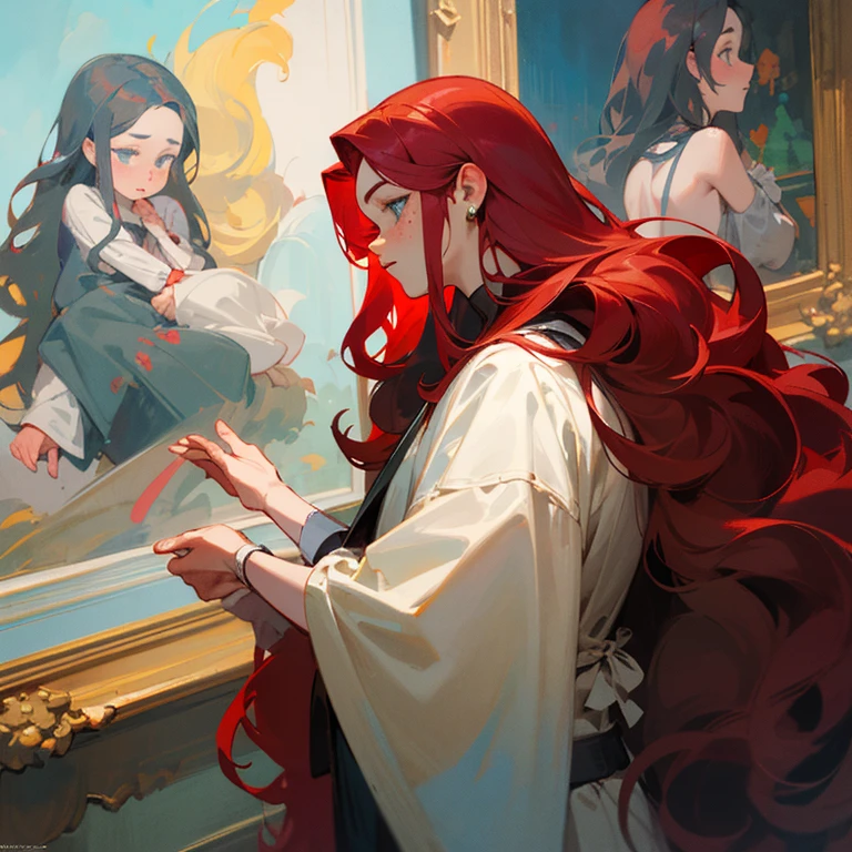 Red-haired man with his back turned, sporting long, straight red hair flowing down to his lower back, gazing at a painting of a queen with long, wavy black hair, freckles on her cheeks, and very light blue eyes, portraying an ile face.