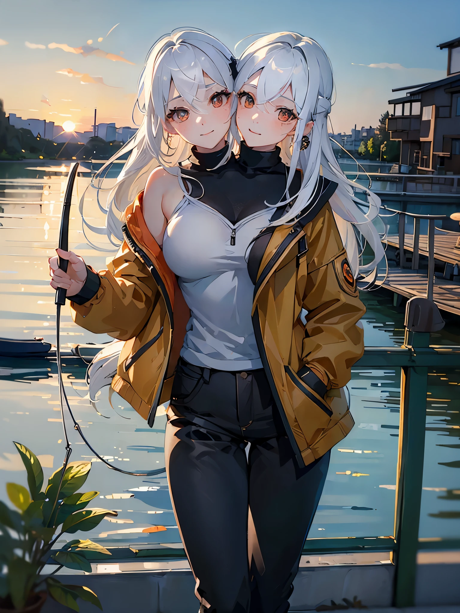 (masterpiece, best quality), best resolution, (2heads:1.5), 1girl, white hair, brown eyes, freckles, brown jacket, black pants, holding a fishing rod, lakeside, evening