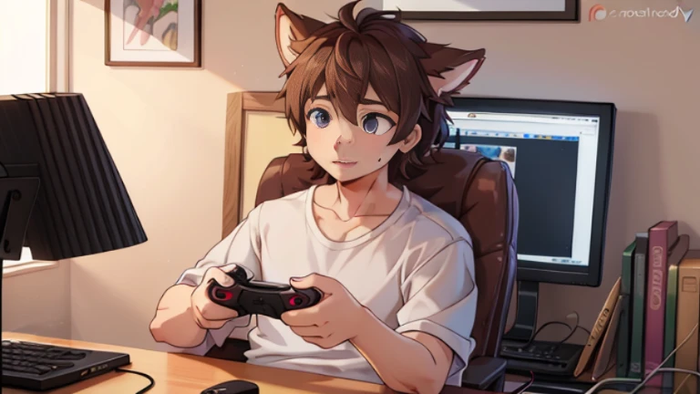 Brunette boy with curly hair playing video games