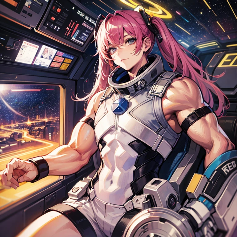 (((masterpiece、Top image quality、top-quality、highly detailed unity 8kwall-paper)))、((Illustration of one adult))、((25-years old))、(pilot)、(((Beautiful girl with a beautiful face、The body is a man)))、(((Twintails with pink hair)))、Light gray eyes、((Tall))、((Muscular strong man's body))、((Muscular strong man's body、solid chest、muscular chest plate、abdominals、muscular and thick arms、muscular and thick legs))、(((白いpilotスーツ)))、((manspreading、Sitting in the cockpit))、((space fighter cockpit、The Universe on the Monitor、Earth seen from space))