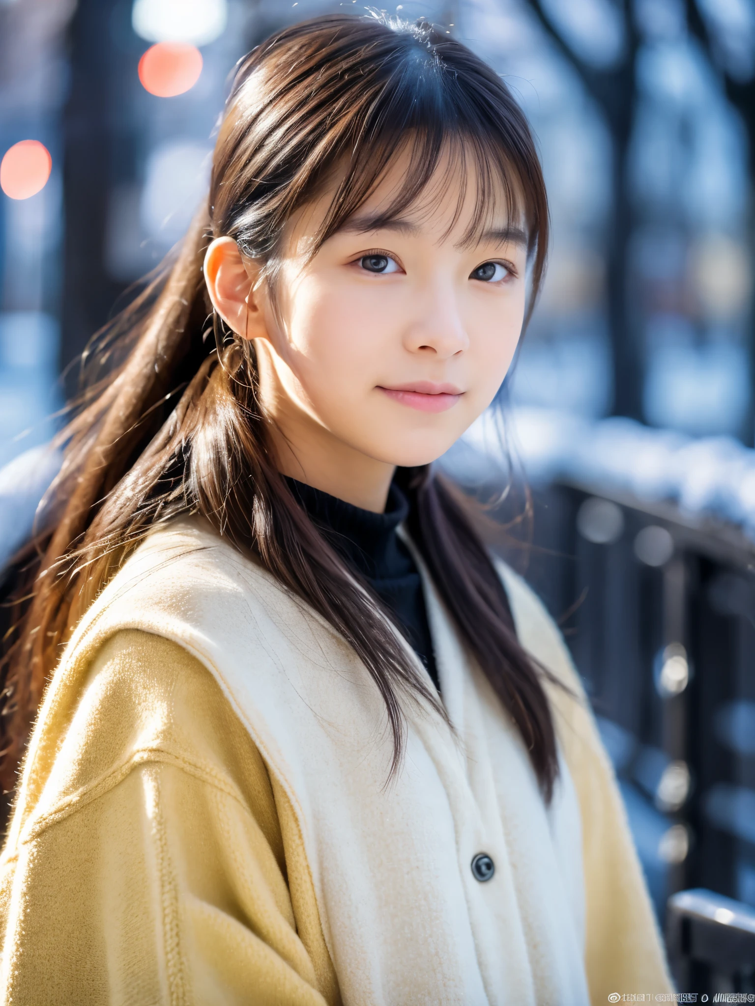 photorealistic, 8k full-length portraits, Beautiful woman, A charming expression, ponytail, Clear system,  16 years old, Tokyo, winter, Shibuya in the background