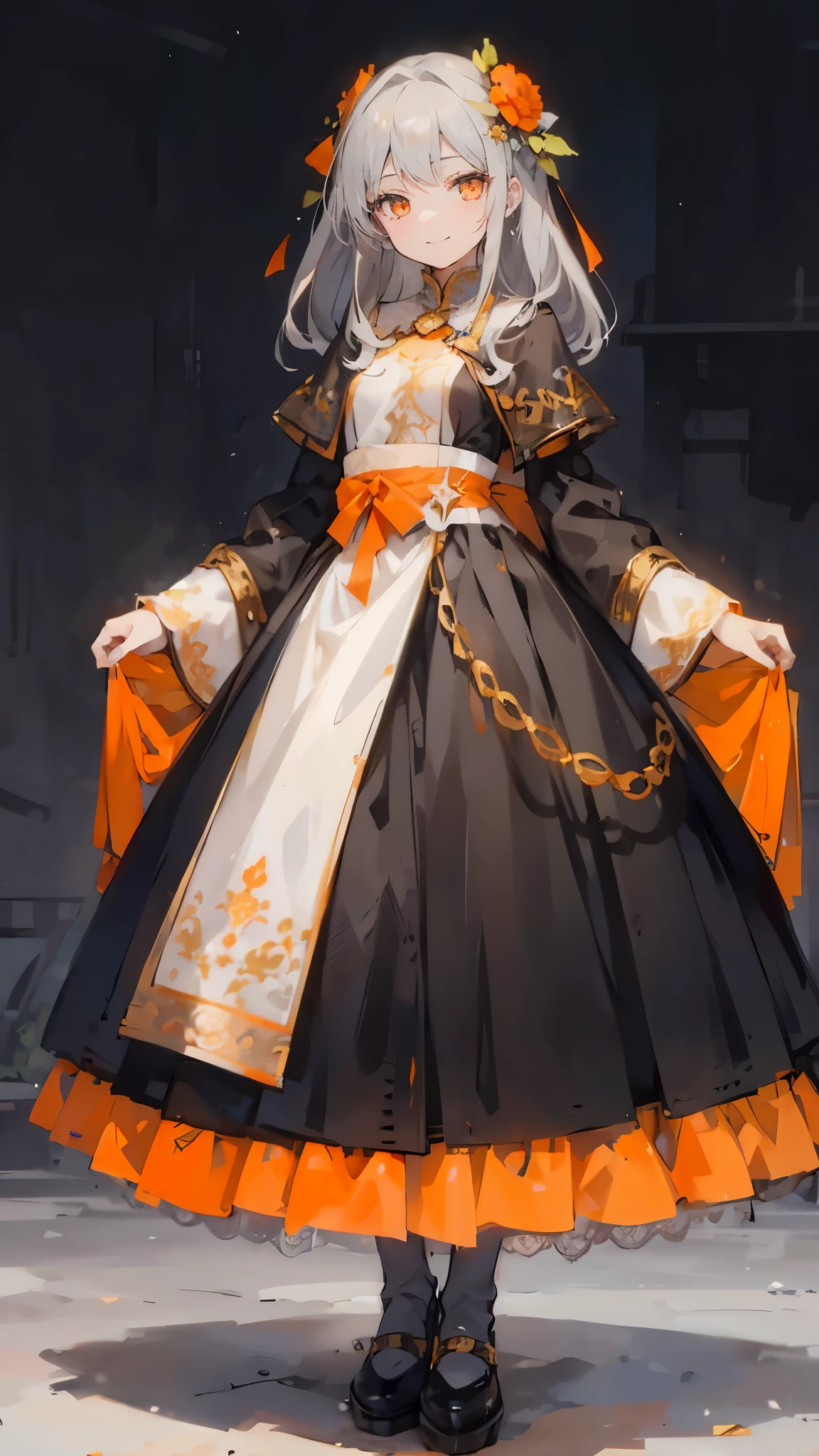 ultra precision,masterpiece, highest quality,(full body portrait),one girl,beautiful girl,16 year old girl,(look at me),pretty face,(((Light gray hair))),(orange eyes),slanted eyes,Eyes drawn in detail,(((smile))),wear an orange, white, and black dress,(Gold embroidery),(and lace),like a national costume,Slender body shape,small breasts,beautiful background,