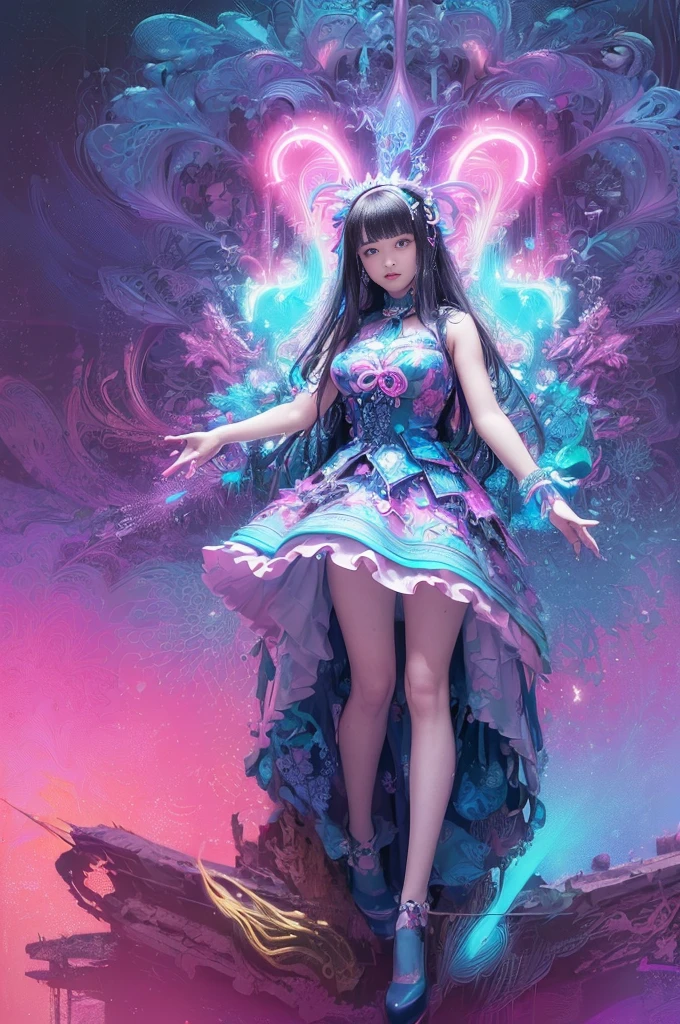(masutepiece, of the highest quality, Best Quality, offcial art, Beautiful and aesthetic:1.2), (1girll:1.3), Extremely detailed,(Fractal Art:1.2),Colorful,highest details,( Zen Neon:1.2), (Dynamic Pose), (Abstract background neon lights:1.5), (Trident Dresses:1.2), (Shiny skin), (Many colors:1.4), Upper body ,Neon light,16 K,Full-HD , ((Breasts are big))