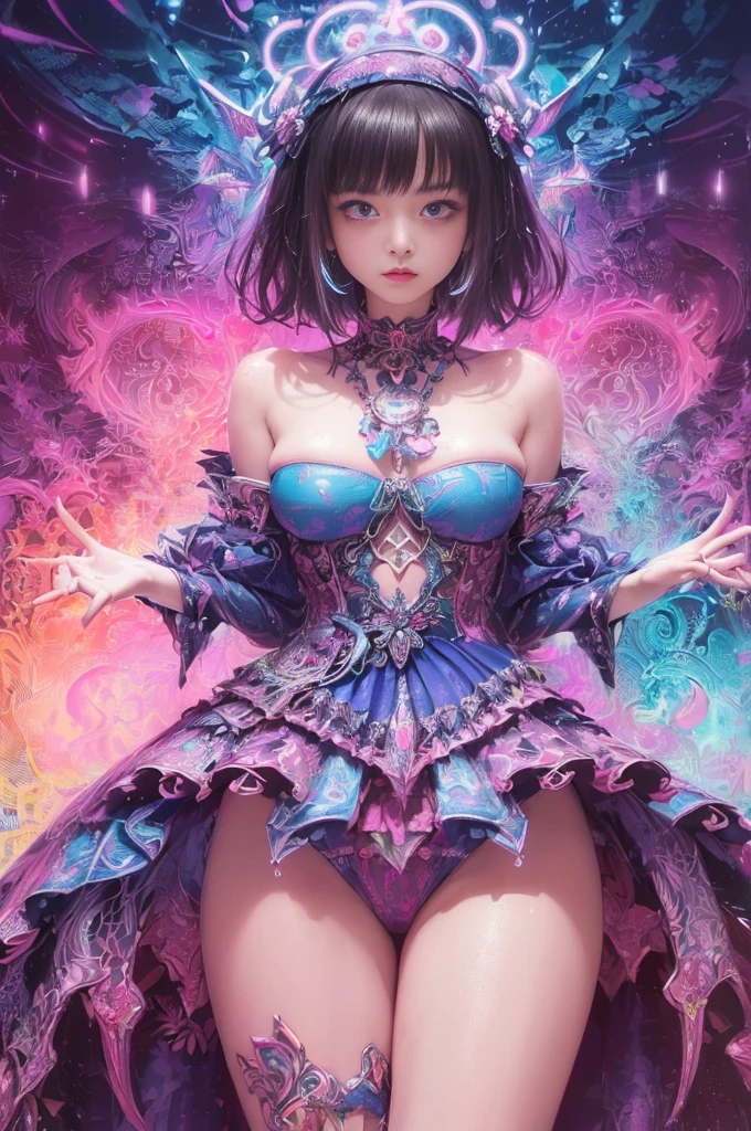(masutepiece, of the highest quality, Best Quality, offcial art, Beautiful and aesthetic:1.2), (1girll:1.3), Extremely detailed,(Fractal Art:1.2),Colorful,highest details,( Zen Neon:1.2), (Dynamic Pose), (Abstract background neon lights:1.5), (Trident Dresses:1.2), (Shiny skin), (Many colors:1.4), Upper body ,Neon light,16 K,Full-HD , ((Breasts are big))