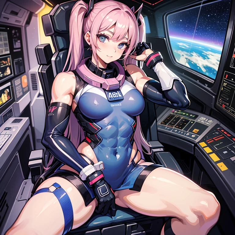 (((masterpiece、Highest image quality、highest quality、highly detailed unity 8kwallpaper)))、((Illustration of one adult))、((25 years old))、(pilot)、(((Beautiful girl with a beautiful face、The body is a man)))、(((Twintails with pink hair)))、Light gray eyes、((tall))、((Muscular strong man's body))、((Muscular strong man's body、solid chest、muscular chest plate、abs、muscular and thick arms、muscular and thick legs))、(((白いpilotスーツ)))、((manspreading、Sitting in the cockpit))、((space fighter cockpit、The Universe on the Monitor、Earth seen from space))