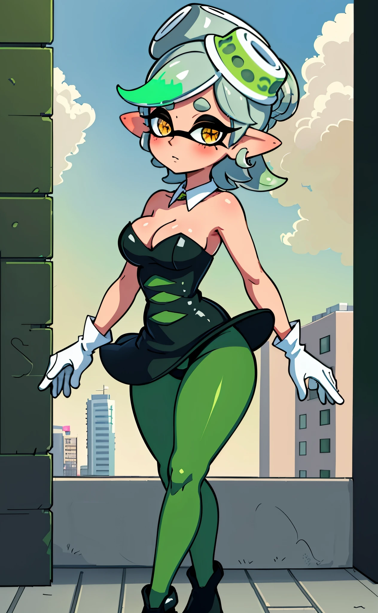 [marie], [splatoon], ((masterpiece)), ((HD)), ((high res)), ((beautiful render art)), ((solo portrait)), ((full body)), ((front view)), ((feet visible)), ((cinematic lighting)), ((anime)), ((detailed shading)), ((intricate details)), {(slim figure), (cute orange eyes), (long eyelashes), (white tentacle hair), (two toned hair), (green highlights in hair), (hair bang), (medium boobs), (curvy hips), (thick thighs), (beautiful legs), (blushing), (expressionless)}, {(short black dress), (green leggings), (opaque pantyhose), (white gloves)}, {(standing), (looking at viewer)}, [Background; (city), (town square), (blue sky), (sun rays), (ambient lighting)]