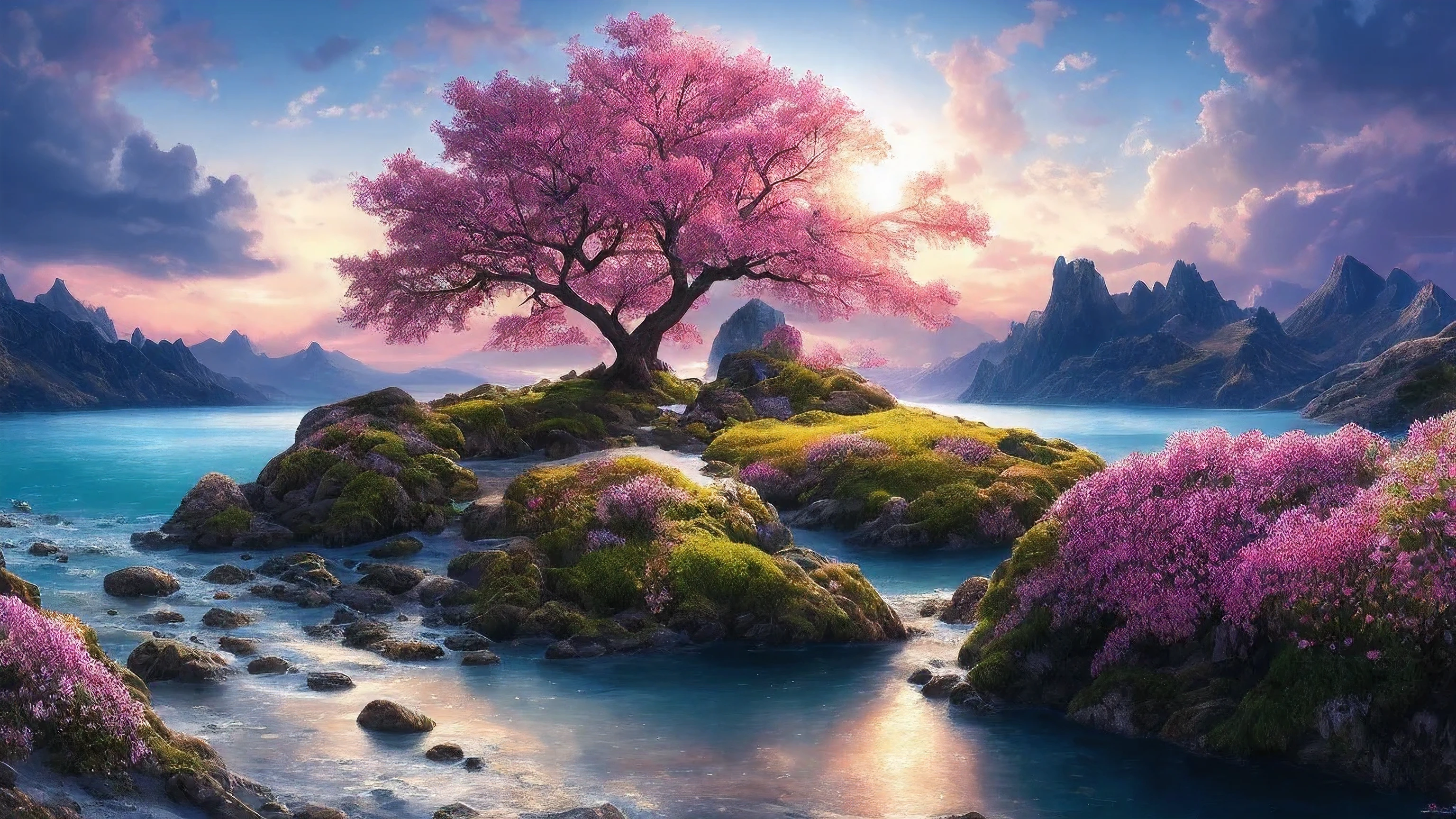 masterpiece, best quality, high quality, Extremely detailed CG unified 8k wallpaper, landscape, outdoor, Sky, cloud, Sky, no humans, Mountain, landscape, water, Tree, blue Sky, waterfall, cliff, nature, lake, river , 多cloud的Sky, Award-winning photography, Bokeh, depth of field, human development report, bloom, Color difference, Photorealism, Very detailed, Popular topics on ArtStation, cgsocial trends, complex, high detail, dramatic, halfway art