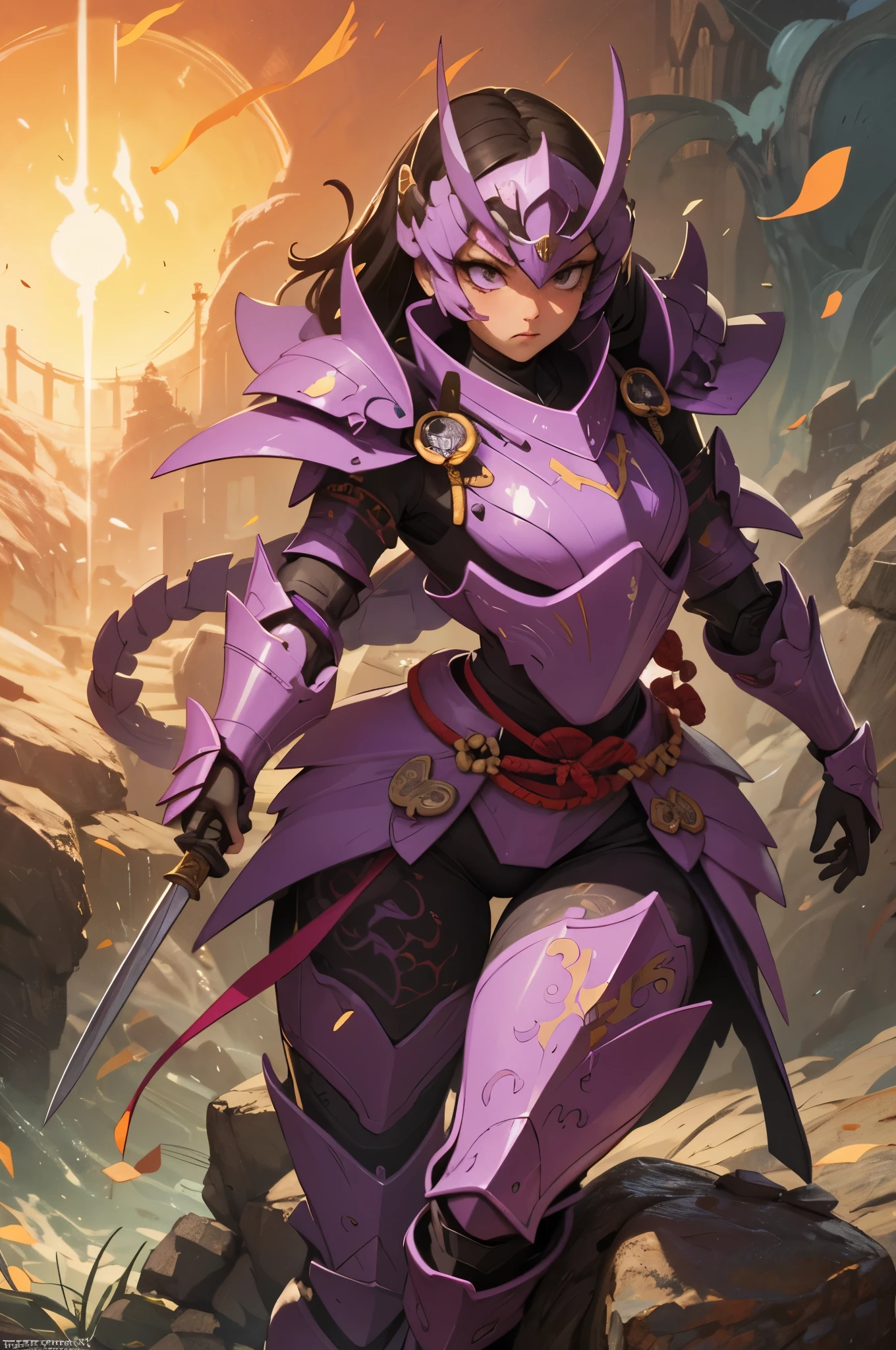 (Detailed illustrations,Very detailed and detailed drawing,Delicate lines with slow and rapid,Realistic texture expression),[Color tressed main line],(Fantasy World Battlefield Background [Burning castle]),(GIRL ROBOT 16yo (purple scorpion[METALFACE]) (SKINNY)) [WEAPON MACHINE],((NINJA Sengoku Armor))[stall],[[poisonous scorpion pattern]],[Use a ninja sword as a weapon],[[Mobile Weapon Gigant Size][Science Fiction Mechanical]],[Clear purple translucent shell that covers the body surface],(Intricate and beautiful decoration [Dense detail]),[transparency],(Precisely drawn face)[完璧な目のdetailed(Iris beautifully drawn in every detail)[Jewel-like eyes]],[long and beautiful eyelashes],[Meticulously drawn hair [美しく艷やかな髪のdetailed]],(完璧な手のdetailed [Beautiful fingers without breakdowns [Beautiful nails]]),(Perfect Anatomy(Perfectly proportioned))[[full body portrait]],[Ideal color coordination(Accurate simulation of light-material interactions)],([Precision Detail](detailed,High definition)),[Visual art that conveys a sense of narrative].